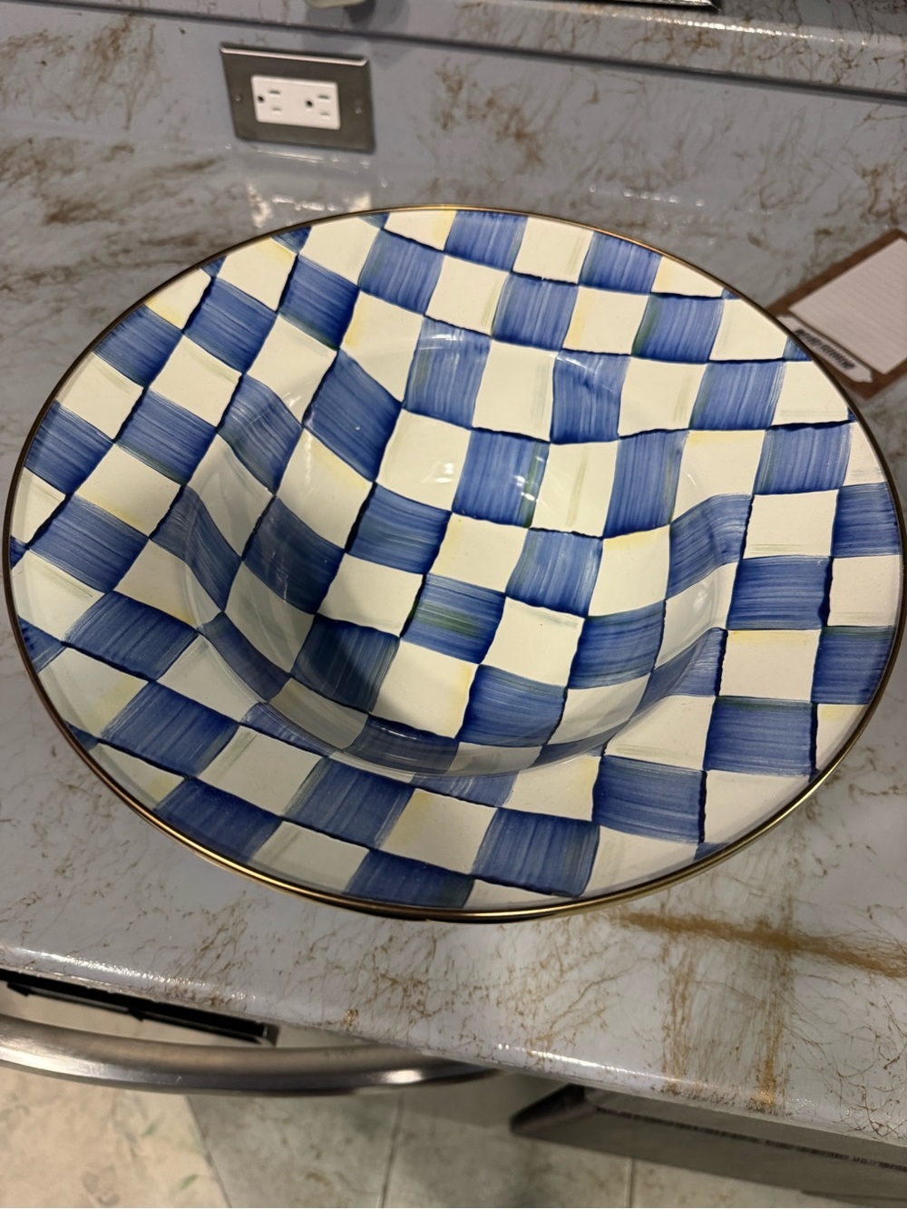 McKenzie Childs Blue & Cream Checkered Ceramic Bowl with Gold Rim